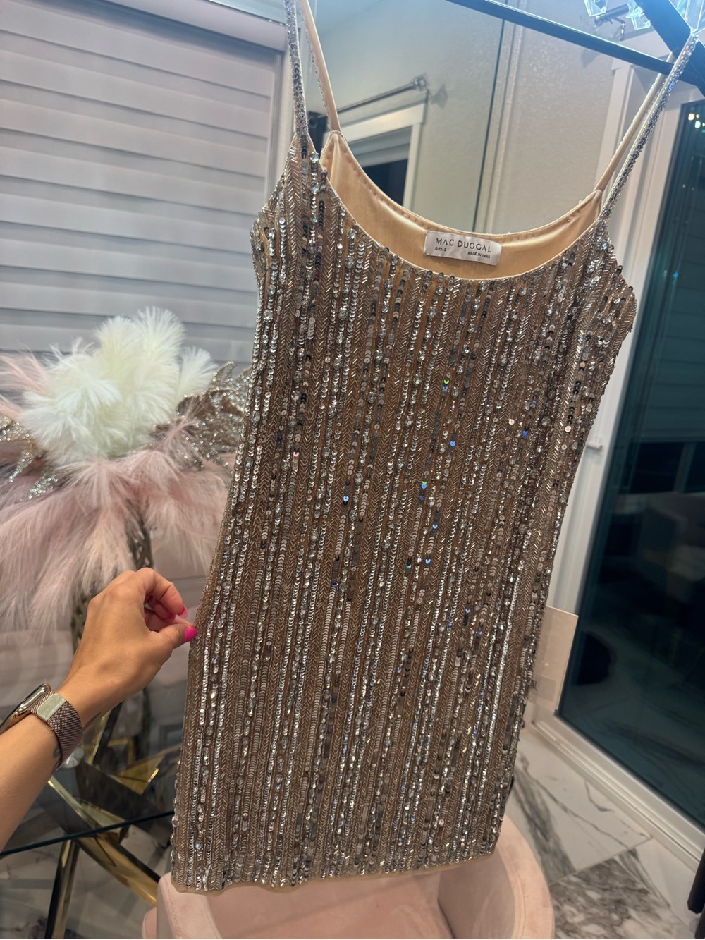 Mac Duggal Champagne Sequin Mini Dress
